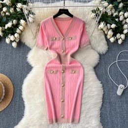 Party Dresses French Chic Dress For Women V Neck Button Decoration Wrapped Summer Knitwear Color-block Vestido Stretch Drop