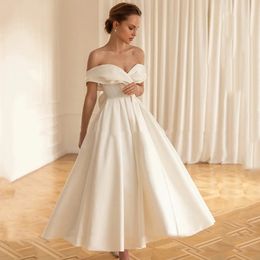 Simple Short Wedding Dress Sweetheart Off The Shoulder Big Bow Back Satin Bridal Gown Tea Length Vestidos De Novia New