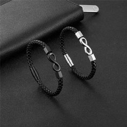 Charm Bracelets MKENDN Simple Style Infinity Bracelet Braided Leather Bracelets For Men Women Black Stainless Steel Jewellery Gifts Y240510