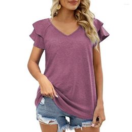 Women's Blouses Women Solid Colour V-neck Top Summer Ruffle Sleeve Tee Stylish Double Layer T-shirt Collection For