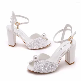 Dress Shoes 9cm Thick Heel Fish Mouth Sandals Square White Pearl Bride Wedding