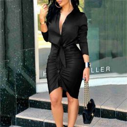 Urban Sexy Dresses Autumn pleated irregular mini shirt dress with V-neck tie solid color printed long sleeved dress sexy womens tight fitting dress d240510