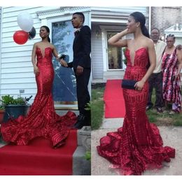 African Mermaid Sequin Prom Sparkly Elegant Deep V Neck Evening Gown Graduation Dresses Party Gowns Custom Made 0510