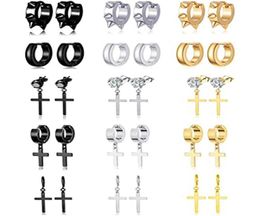 Stud 15 Pairs Cross Earrings Stainless Steel Punk Pointed Headband Huggie CZ Hinge Earring Set Silver Black Gold1834328