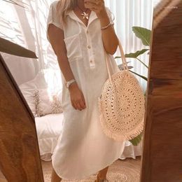 Party Dresses Elegant Lapel Split Thin Shirt Dress Women Fashion Button Solid Loose Casual Short Sleeve Cotton Linen Long