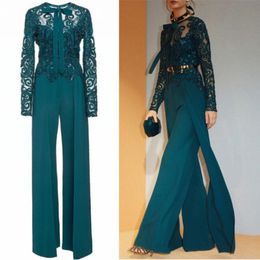 Hunter Green Jumpsuits Mother Of The Bride Dresses Long Sleeves Lace Appliqued Women Garment Outfit Modest Evening Dresses Prom Gowns 2730