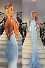 Dusty Blue Full Lace Evening Gowns Sexy Lace Up Open Back Mermaid Prom Dresses Floor Length Cocktail Formal Party Dress Cheap Vest6738658