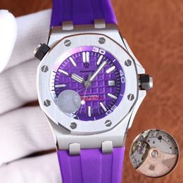 Fashion WATCHES Top Quality Watches men Wristwatches purple Dial 42mm 15710 15703 Natural rubber strap Sapphire CAL 3120 Mechanical Aut 245W