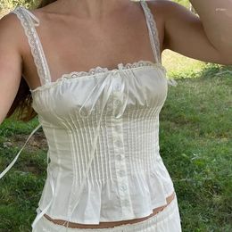 Women's Tanks Y2K Girly Lace Strape Elegant Tank Top Aesthetic Folds Buttons White Square Collar Cute Camisole Tops French Style