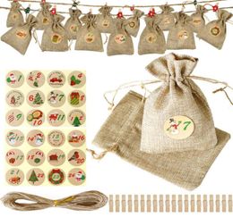 Gift Wrap 24 Sets Christmas Bags Burlap Bundle Pocket Advent Calendar Candy With Stickers Clips8352573