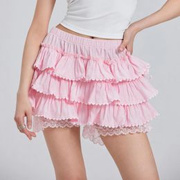 Women's Shorts Summer Lace Trim Ruffles Layered Elastic Band Tiered Tulle Culottes Bloomer Streetwear Aesthetic Clothes