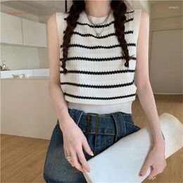 Women's Tanks Women Summer Lightweight Crewneck Crop Top Hollowed Colorblock Striped Knitted Sweater Vests Pullover Shirt