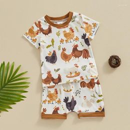 Clothing Sets Toddler Baby Boys Girls Summer Outfit Short Sleeve Letter Chicken Print Tops And Drawstring Shorts Farm Clothes