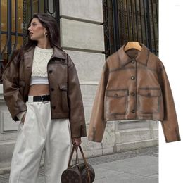 Women's Jackets Maxdutti French Fashion High Street Vintage Washed Leather Coat Women Jacket With Lapel Pockets Brown Motorcycle