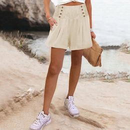 Women's Shorts Elastic High Waisted Wide Leg Short Pants Casual Summer Solid Colour Palazzo With Pockets Button Ornament Cotton