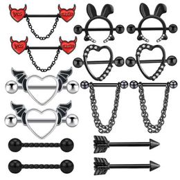 Nipple Rings Gothic Black Heart Stainless Steel Nipple Perforated Womens Fashion Butterfly Tassel Pendant Nipple Ring Body Jewelry Y240510