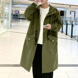 Men's Trench Coats Men Coat Solid Colour Hooded Loose Mid Length Pockets Long Sleeve Jacket Zipper Closure Elastic Cuff Streetwear