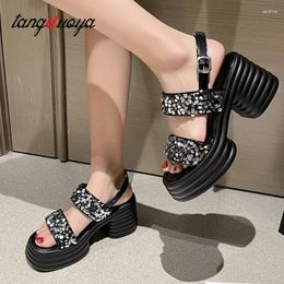 Dress Shoes Summer Sequin Sandals Classic Platform Thick Heeled High Heels Peep Toe Roman Party Pumps