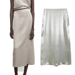 Skirts Maxdutti 2024 British Fashion Elegant Midi Skirt Women Silver Satin Office Ladies High Waist Straight
