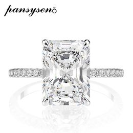 PANSYSEN Real 925 Sterling Silver Emerald Cut Created Moissanite Diamond Wedding Rings for Women Luxury Proposal Engagement Ring CX2006 261k