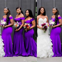 Cheap Sexy Purple Mermaid Bridesmaid Dresses African Off Shoulder Open Back Sweep Train Plus Size Wedding Guest Dress Maid of Honour Gow 301J