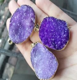 Fashion 6pcs Gold plated Purple Nature Quartz Druzy Geode pendant Drusy Crystal Gem stone connector Beads Jewelry findings61602819256754