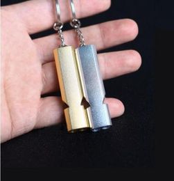 Whole Doublefrequency GoldSliver Emergency EDC Molle Survival Whistle Keychain Aerial Aluminium Alloy Camping Hiking Accessor2672667
