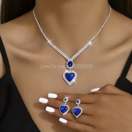 Bridal Wedding Necklace Earrings Jewellery Set Claw Zircon Chain Red Blue Heart Rhinestone Fashion Women bridesmaid photography
