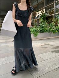 Party Dresses Alien Kitty Black Women Maxi Slim Dress Summer Sleeveless Ruffles Sweet 2024 OL Sexy Chic Gentle High Street