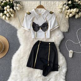 Work Dresses Women Officer Cosplay Lace Patchwork Hollowed Out Gold Border Crop Top With Buttons A-line Mini Skirt Sexy Lingerie