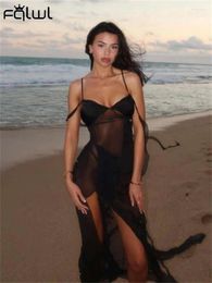 Casual Dresses Habbris Summer Black Mesh Patchwork Long Beach Vacation For Woman 2024 Sexy See Through Spaghetti Straps Irregular Dress