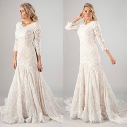 New Mermaid Lace Modest Wedding Dresses With 3 4 Long Sleeves Vintage LDS Muslim Bridal Gowns Sweep Train Buttons Back 2789