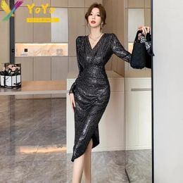 Casual Dresses 2024 Autumn/Winter Elegant Party Dress Black Sequin V-neck Long Sleeve Temperament Fashion Slim Bodycon Luxury Club