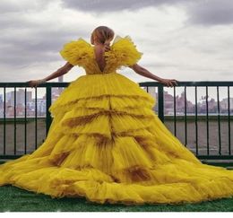 Evening Gowns Yellow Tulle Prom Dresses Extra Puffy Ruffles V Neck Women Dress Long Vestidos De Fiesta Formal Dress6970986