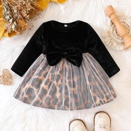 Girl Dresses Girls Black Leopard Velvet Dress Little Kids Velour Big Bow Fashionable Fall Winter Party