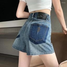 Women's Shorts Colour Blocking Design A-line Wide Leg Denim American Street Young Girl Capris Summer Female High Waist Mini Jeans