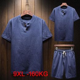 large size 7XL 8XL 9XL Men Short Sleeve cotton linen Tshirt and shorts japan style Summer oversize vintage t shirt vneck tees 240426