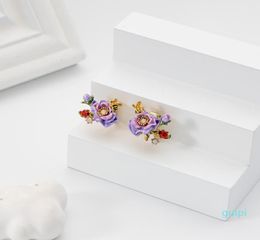 Stud Jaeeyin 2021 Delicate Enamel Rose Flower Gold Colour Bee Ladybirds Colourful Leaves Earrings Clip Year Gift Girls6570080