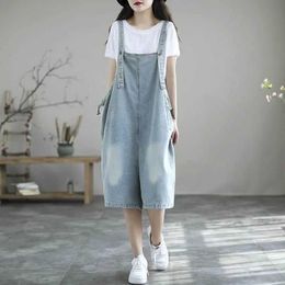 Women's Jumpsuits Rompers Denim Jumpsuits Women Oversized Casual One Piece Outfit Women Playsuits Vintage Overalls for Women Solid Blue Five-point Pants Y240510