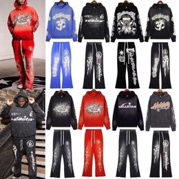High Version Star Street Vintage Washed Old Print Hooded Pure Cotton Loose Sweater Mens and Womens Pants Set UNXQ