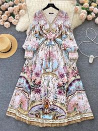 Casual Dresses 2024 Fashion Elegant Flower Party Women V Neck Long Sleeve High Waist Floral Print Evening Prom Robe Female Clothing