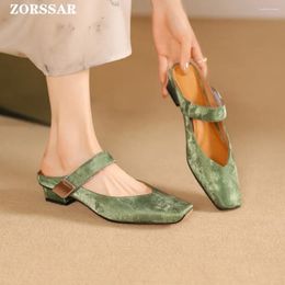 Casual Shoes Plus Size 34-41 Baotou Mules Slippers Women Summer Flip Flops Low Heels Square Toe Sandals Soft Silk Female Slides