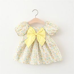 Girl Dresses Baby Summer Short Sleeved Dress Flower Bubble Sleeves Clothes Bow Cotton Loose Lovely Princess