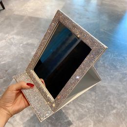 Compact Mirrors Diamond Hd Folding Makeup Mirror for Women Desktop Fashion Flash Rectangular Wholesale Q240509