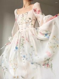 Casual Dresses Women Vinatge Floral Long Summer Fashion French A-line Beach Dress Lantern Sleeve Evening Party Prom Robe Vestidos