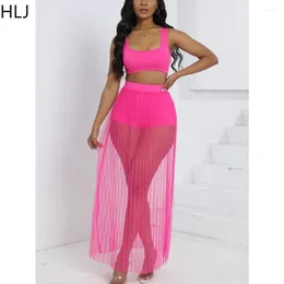 Work Dresses HLJ Fashion Solid Mesh Pleated Skirts Two Piece Sets Women Strap Sleevless Vest And A-line Outfits Summer Beach Clothing