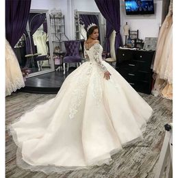 Gorgeous Princess Dresses Appliques Sheer Neck Long Sleeve Wedding Gowns Lace Up Appliqued Bridal Dress Vestido De Novia Q137 0510