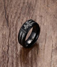 MasonicMan Mens Black Rings Stainless Steel Double Wire Cable Inlay Ring for Men Wedding Band Laser Masonic Vintage Jewelry9804500