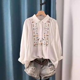 Women's Blouses Cotton Shirts Long Sleeve Embroidery Spring Tops Yarn Blouse Ethnic Vintage Clothing