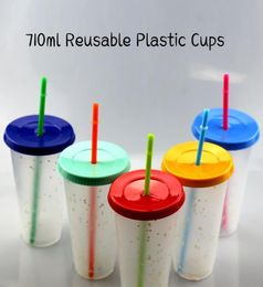 Glitter 5pcs Lot 24oz Plastic Cups with Lid Straw 710ml Reusable PP Coffee Mug Rainbow Colour Changing Water Bottle Cold Drink Magi1634945
